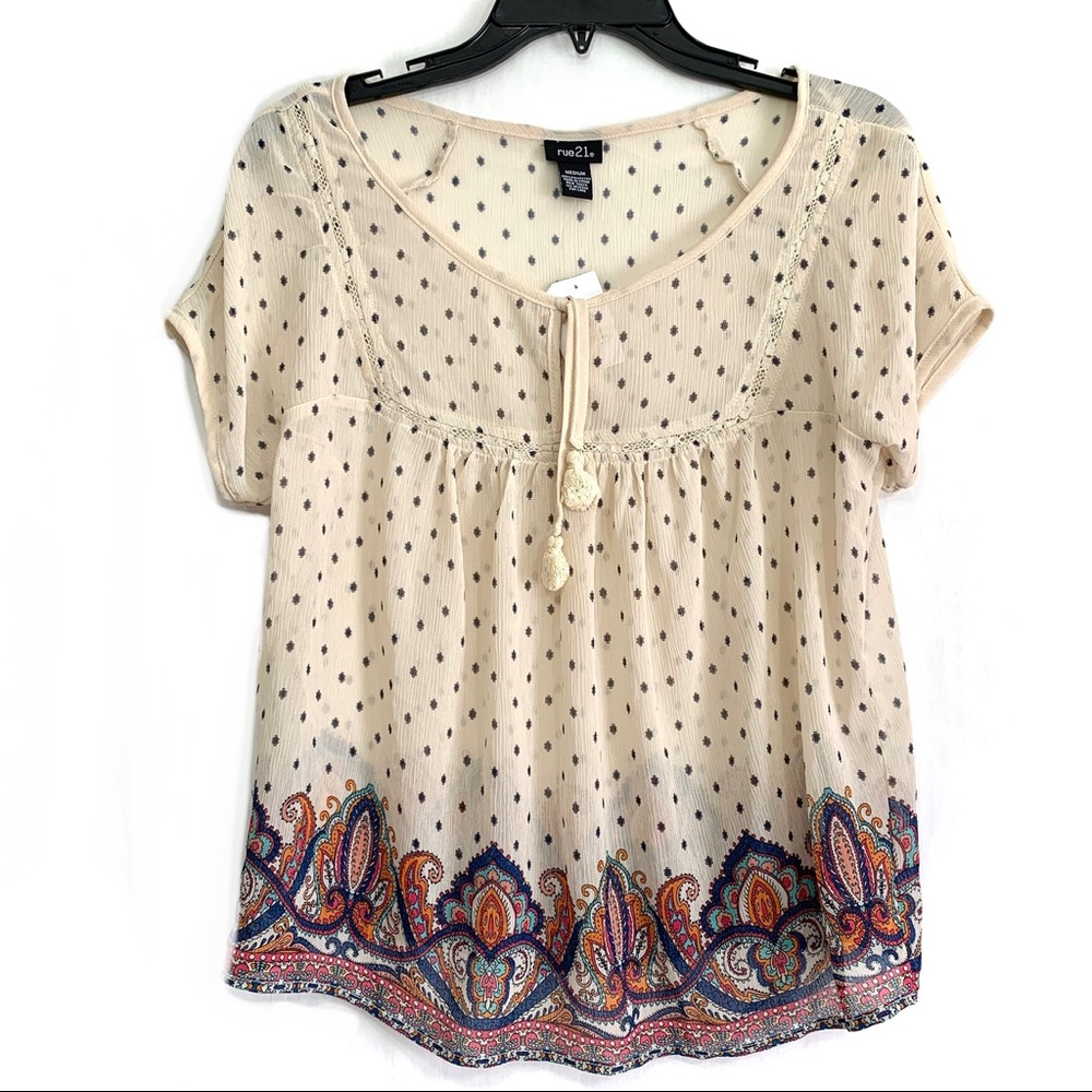 Rue 21 Women's Tan Blue Floral Short Sleeve Boho Sheer Blouse